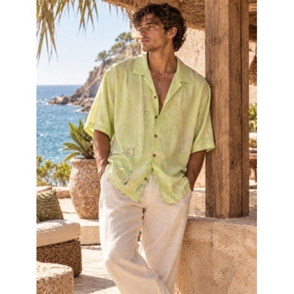Tommy Bahama Mens XL Silk Tropical Drink Pineapple Camp Shirt Lime Green